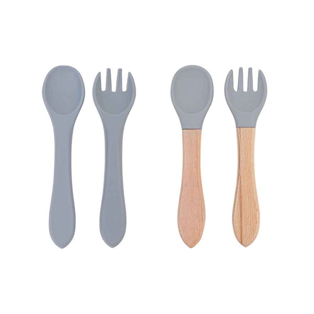Baby Spoon Fork Set Silicone and Wooden Handle Utensils