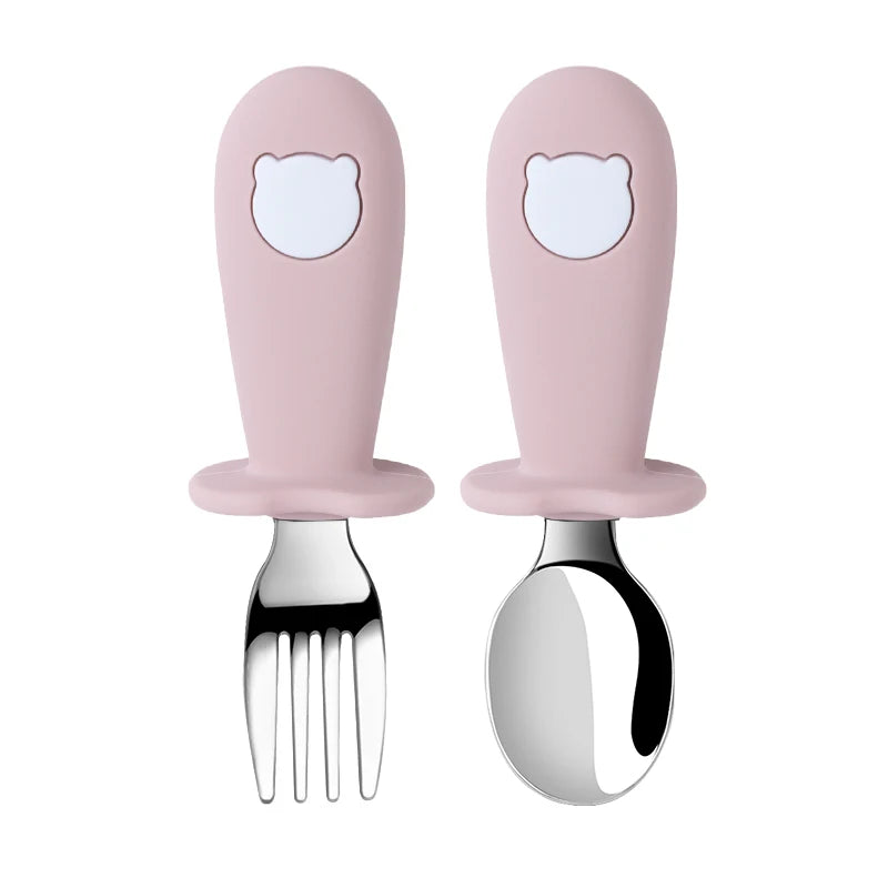 Baby Spoon Fork Set Silicone Handle Stainless Steel Utensils