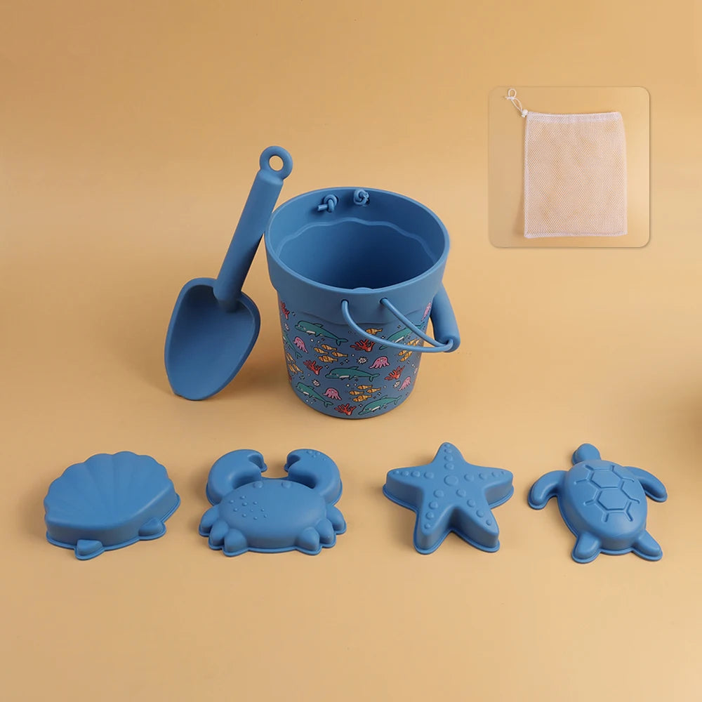 Silicone Beach Toy Set with Bucket Shovel and Sand Molds