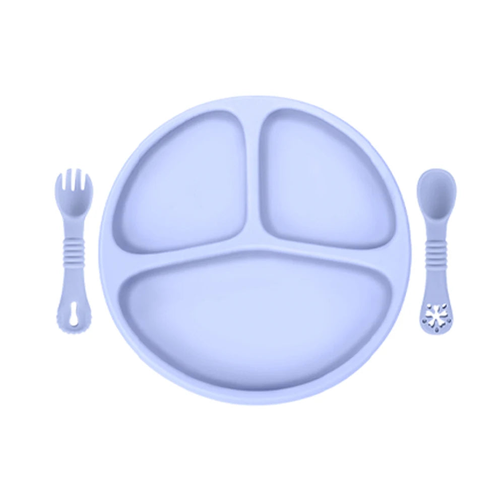 Baby Silicone Dinner Plate with Wooden Handle Spoon Fork