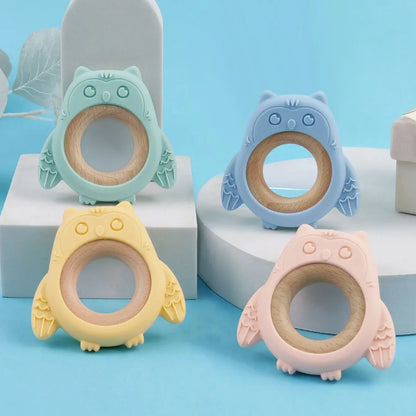 Baby Silicone Owl Teether with Wooden Ring
