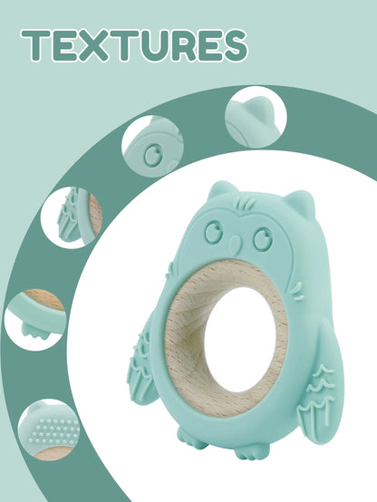 Baby Silicone Owl Teether with Wooden Ring