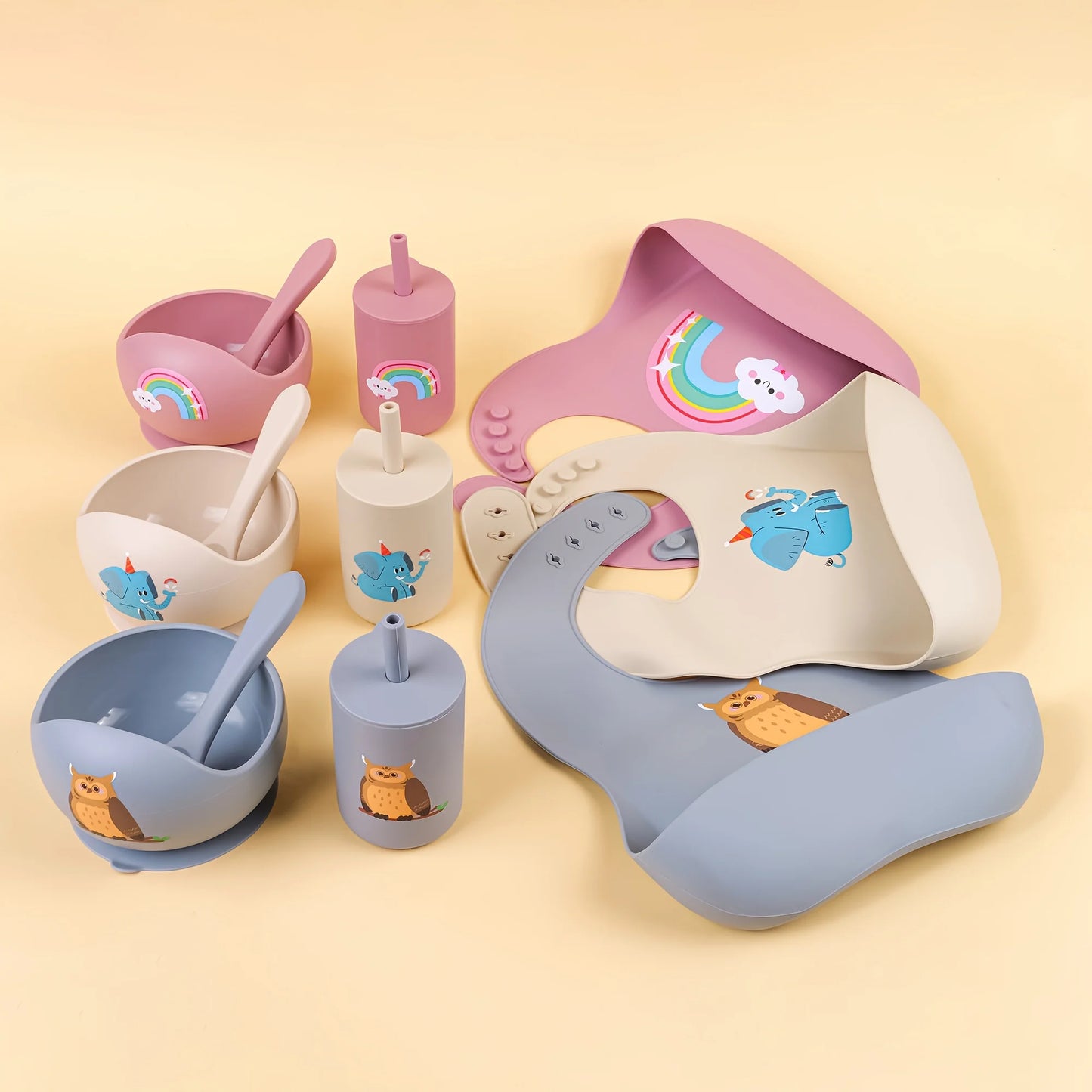 Baby Feeding Bowl and Bib Set with Spoon and Fork