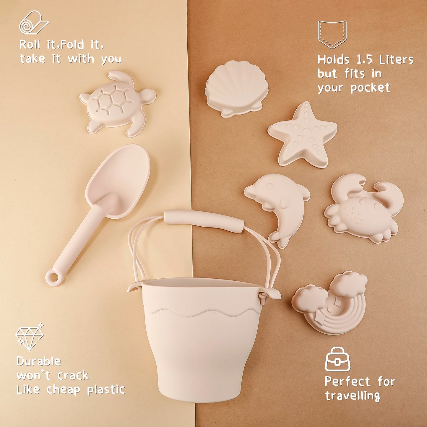 Silicone Beach Toy Set with Bucket Shovel and Water Play