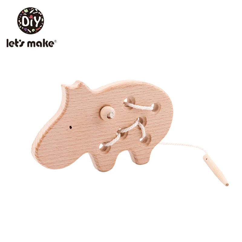 Montessori Wooden Threading Board with Dinosaur Beads and Buttons