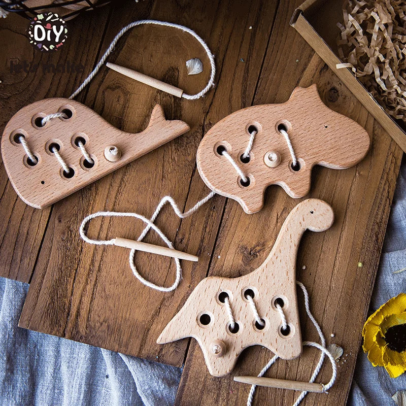 Montessori Wooden Threading Board with Dinosaur Beads and Buttons