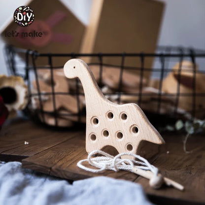 Montessori Wooden Threading Board with Dinosaur Beads and Buttons