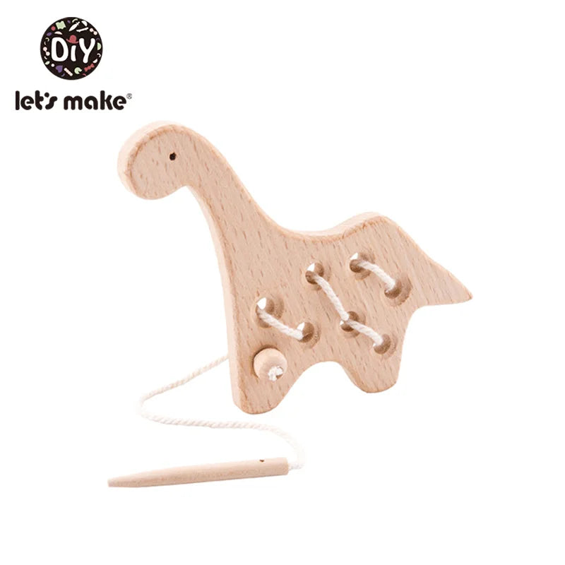 Montessori Wooden Threading Board with Dinosaur Beads and Buttons