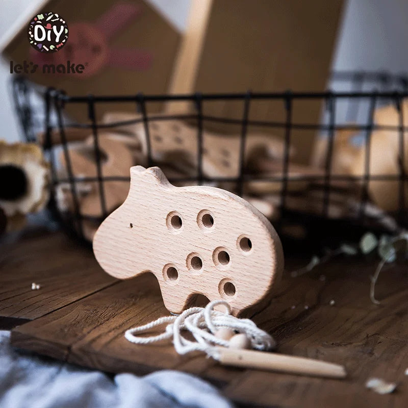 Montessori Wooden Threading Board with Dinosaur Beads and Buttons