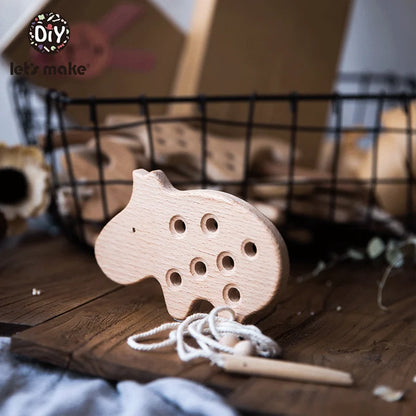 Montessori Wooden Threading Board with Dinosaur Beads and Buttons
