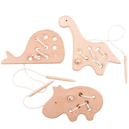 Montessori Wooden Threading Board with Dinosaur Beads and Buttons