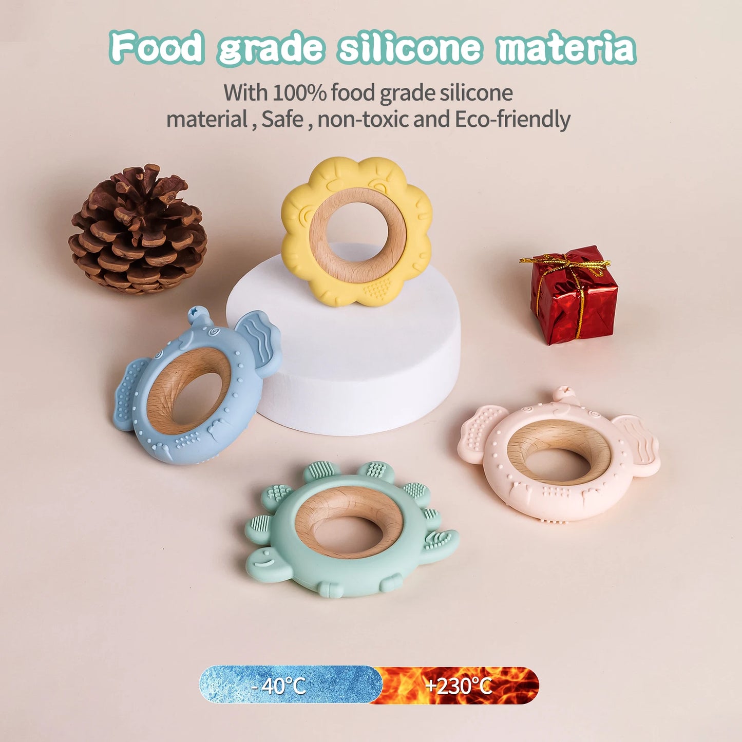 Baby Silicone Owl Teether with Wooden Ring