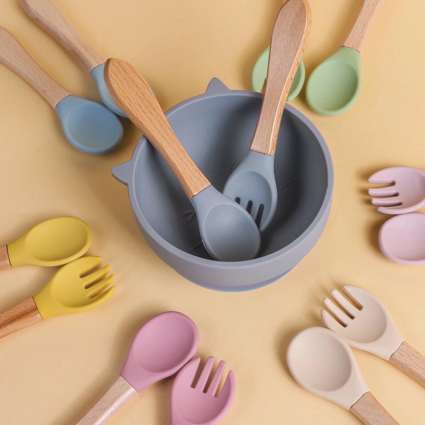 Baby Spoon Fork Set Silicone and Wooden Handle Utensils