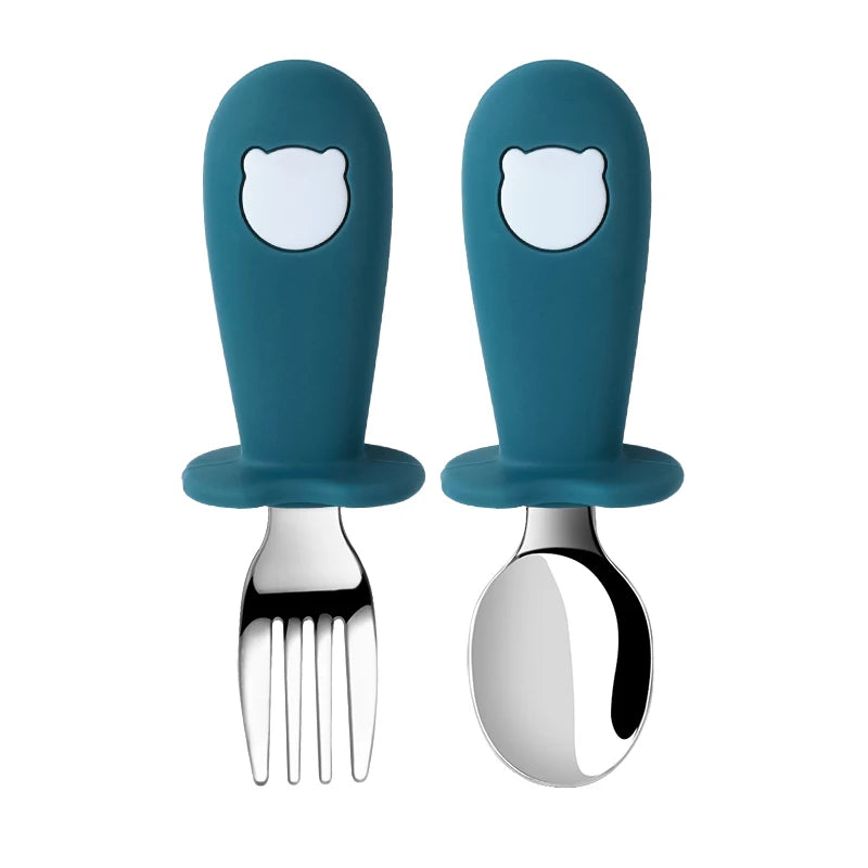 Baby Spoon Fork Set Silicone Handle Stainless Steel Utensils