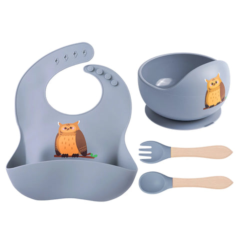 Silicone Baby Bowl Spoon Fork Set with Bib Feeding Essentials