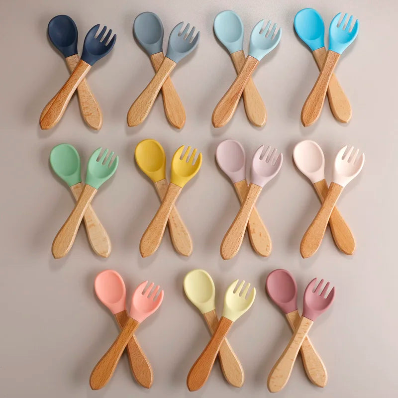 Mini Baby Spoon Fork Set Silicone Wooden Print Utensils