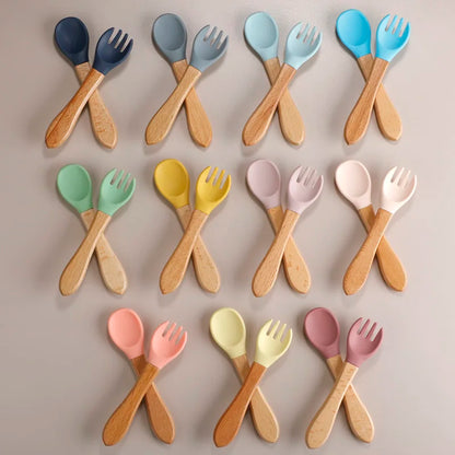 Mini Baby Spoon Fork Set Silicone Wooden Print Utensils