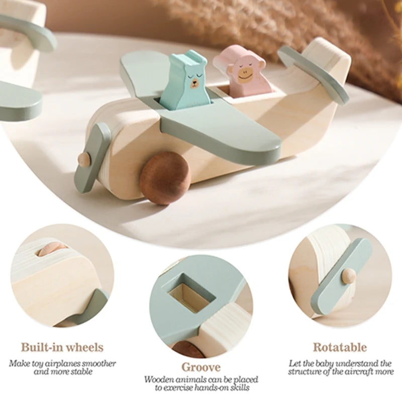 Wooden Airplane Toy Cartoon Push Plane Baby Gift