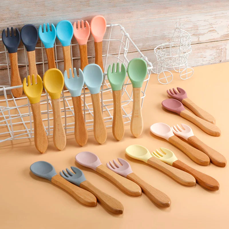Mini Baby Spoon Fork Set Silicone Wooden Print Utensils