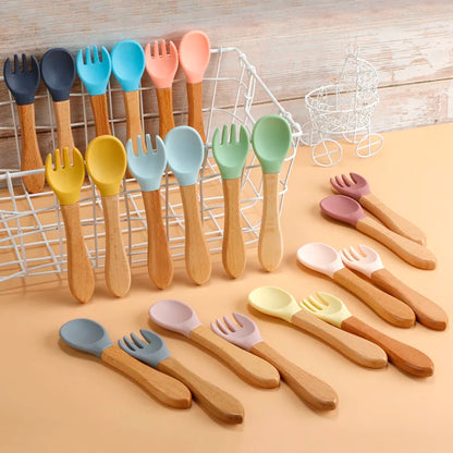 Mini Baby Spoon Fork Set Silicone Wooden Print Utensils