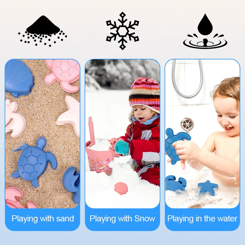 Silicone Beach Toy Set with Bucket Shovel and Sand Molds