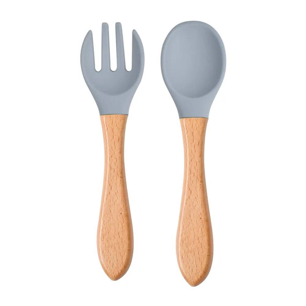 Mini Baby Spoon Fork Set Silicone Wooden Print Utensils