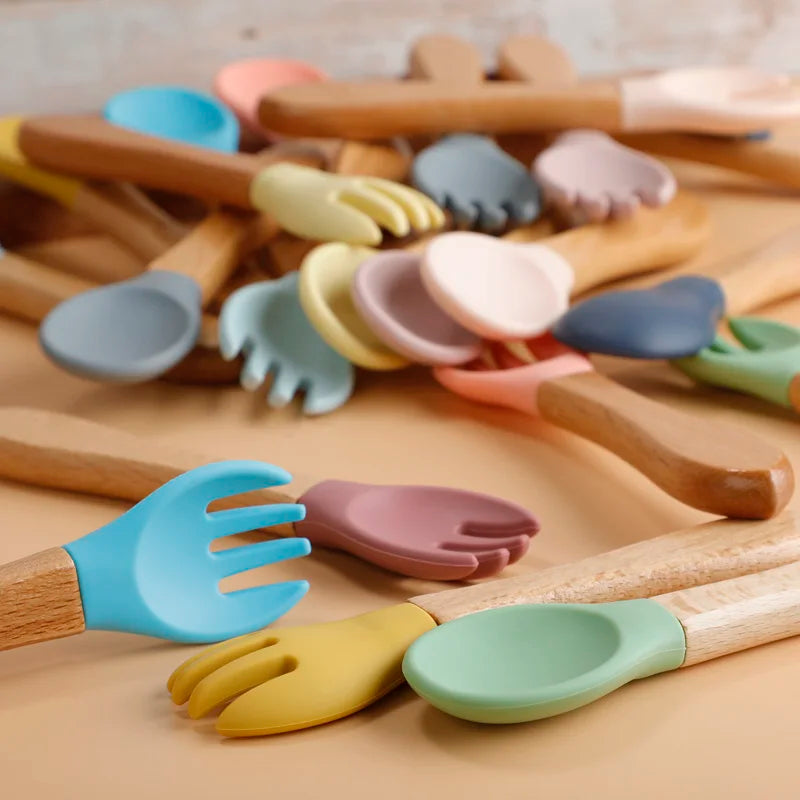 Mini Baby Spoon Fork Set Silicone Wooden Print Utensils