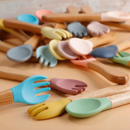 Mini Baby Spoon Fork Set Silicone Wooden Print Utensils