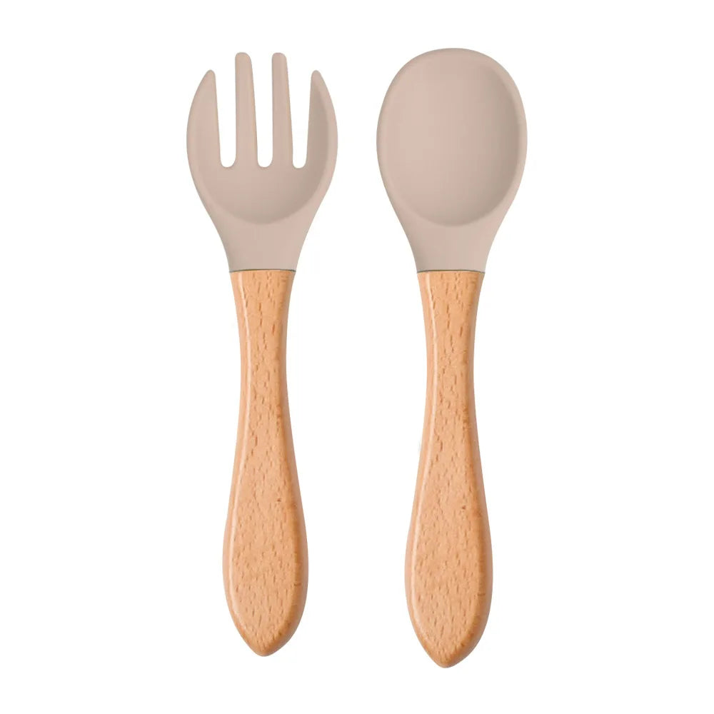 Mini Baby Spoon Fork Set Silicone Wooden Print Utensils
