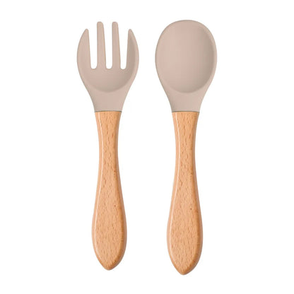 Mini Baby Spoon Fork Set Silicone Wooden Print Utensils
