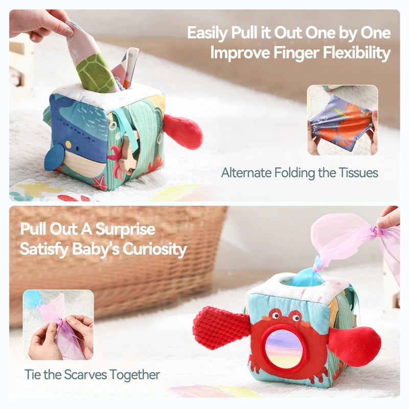Montessori Cotton Tissue Box Toy Soft Rattle Cloth Book