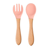 Mini Baby Spoon Fork Set Silicone Wooden Print Utensils