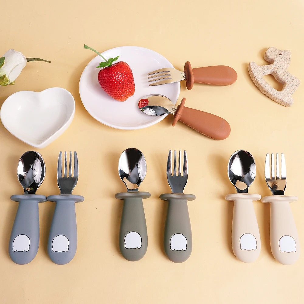 Baby Spoon Fork Set Silicone Handle Stainless Steel Utensils