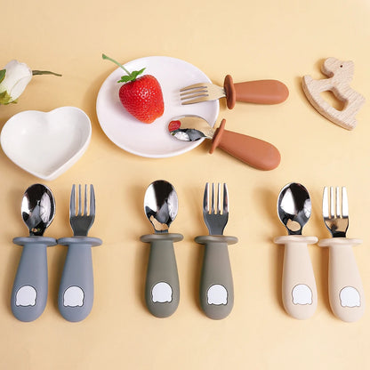 Baby Spoon Fork Set Silicone Handle Stainless Steel Utensils