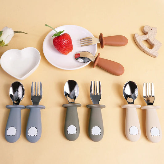 Baby Spoon Fork Set Silicone Handle Stainless Steel Utensils