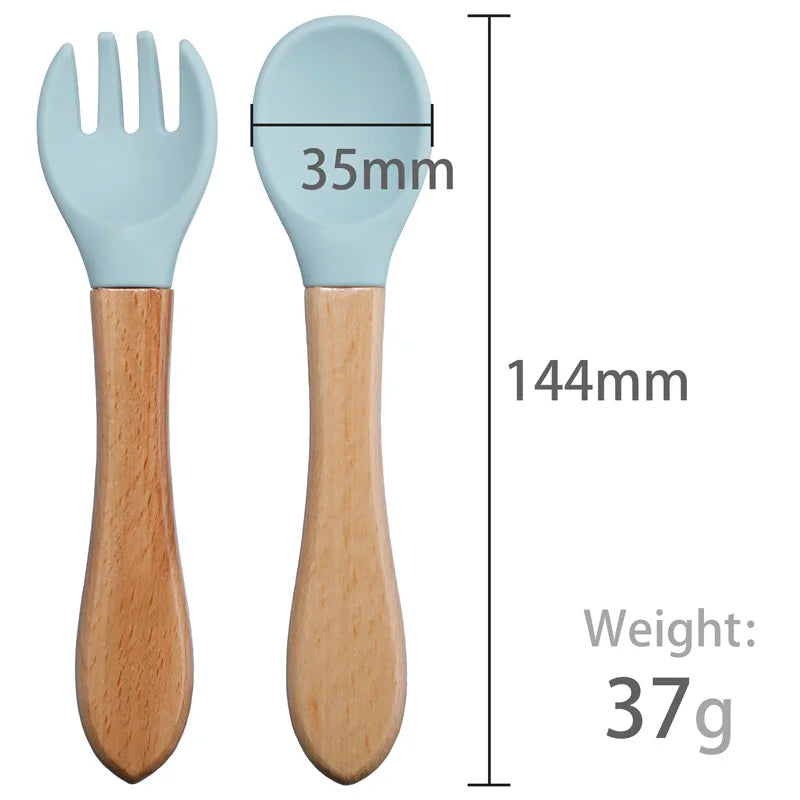 Mini Baby Spoon Fork Set Silicone Wooden Print Utensils