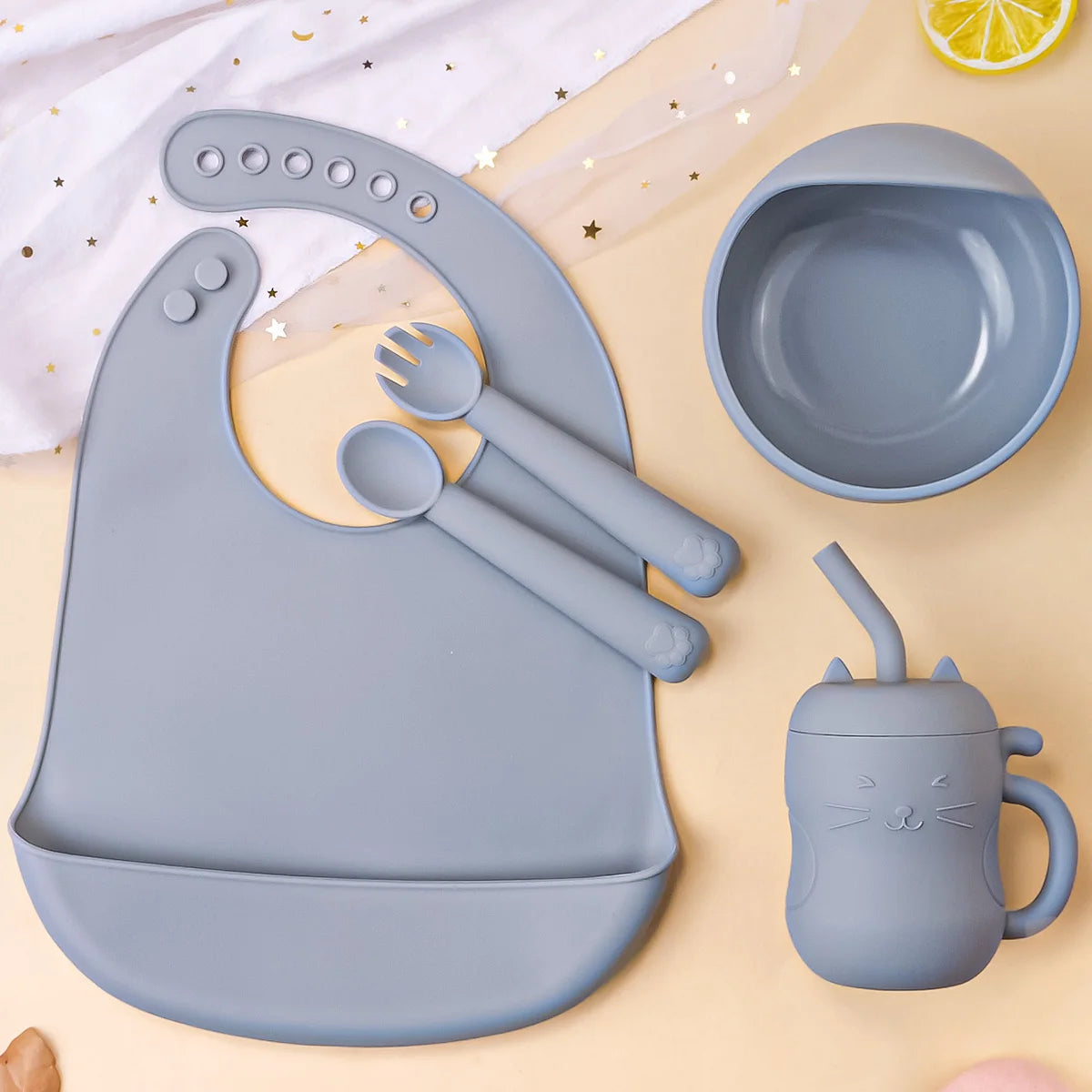 Baby Feeding Set Silicone Bowl Plate Bib Cup Utensils