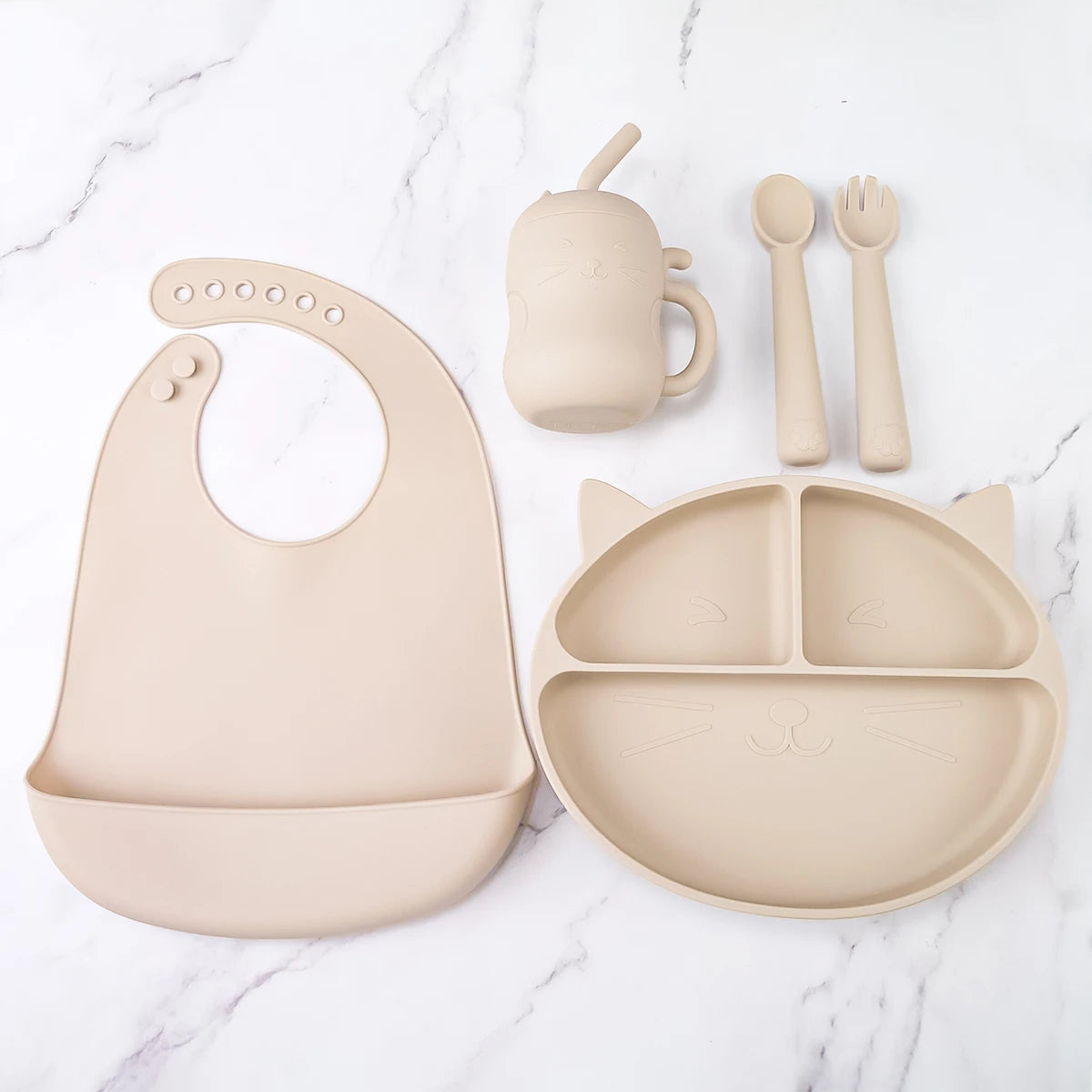 Toddler Feeding Set Silicone Cat Plate Spoon Fork Bib Cup