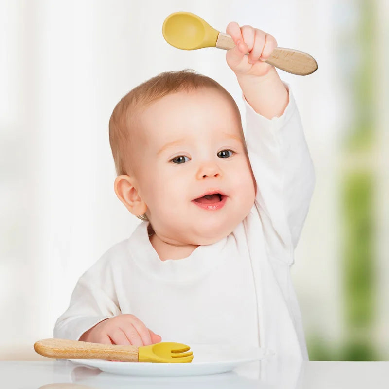 Mini Baby Spoon Fork Set Silicone Wooden Print Utensils