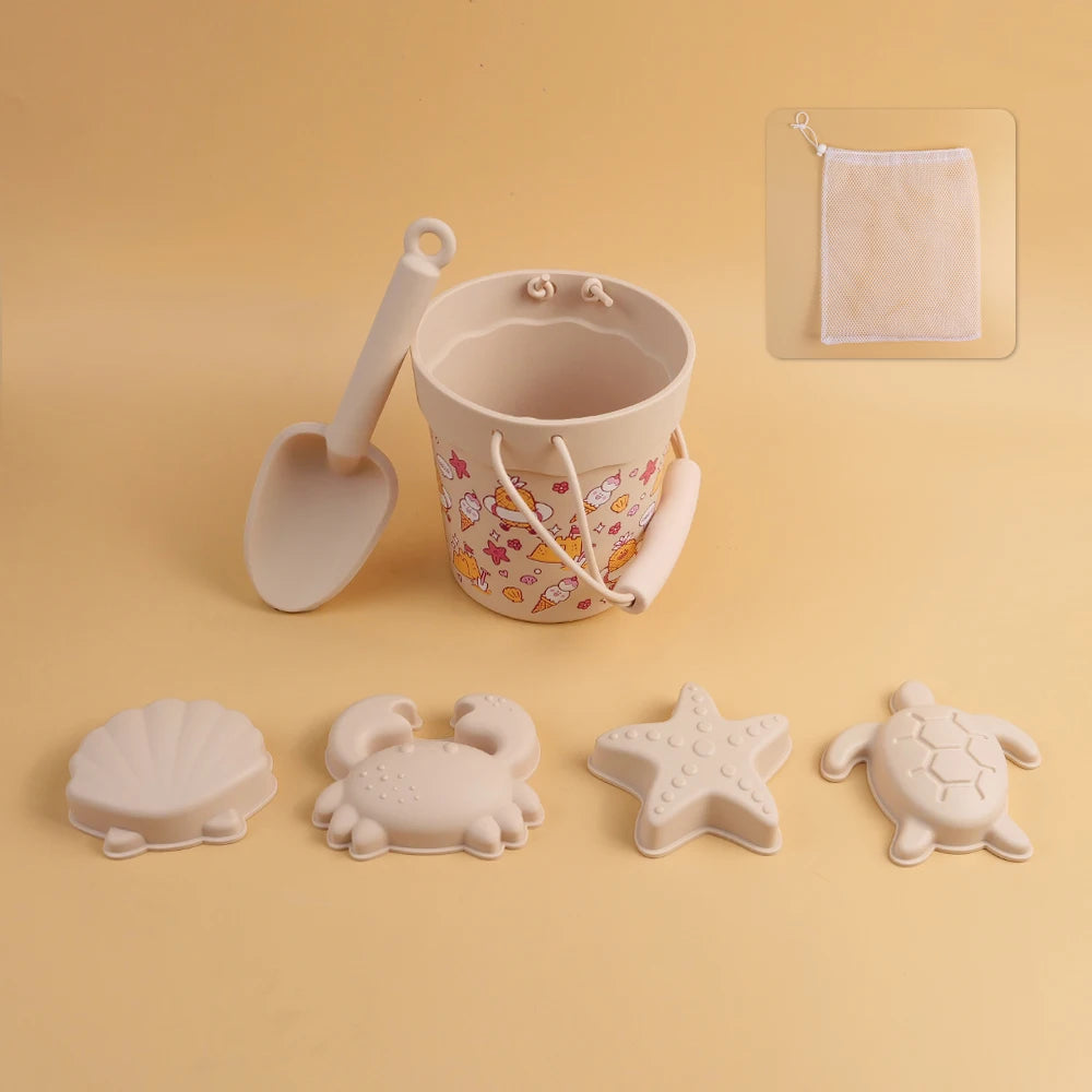 Silicone Beach Toy Set with Bucket Shovel and Sand Molds