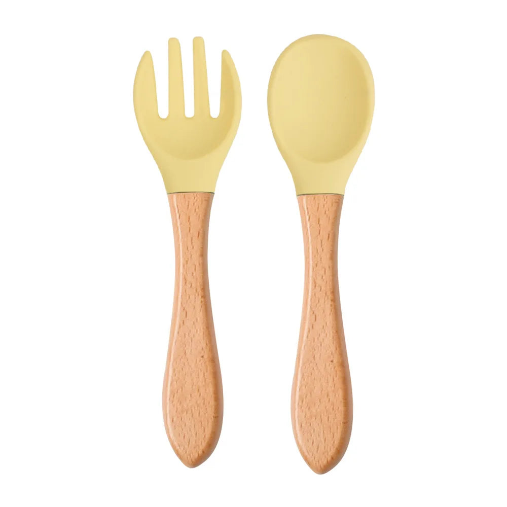 Mini Baby Spoon Fork Set Silicone Wooden Print Utensils