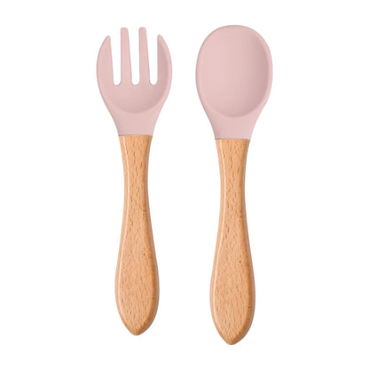 Mini Baby Spoon Fork Set Silicone Wooden Print Utensils