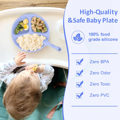 Baby Silicone Dinner Plate with Wooden Handle Spoon Fork