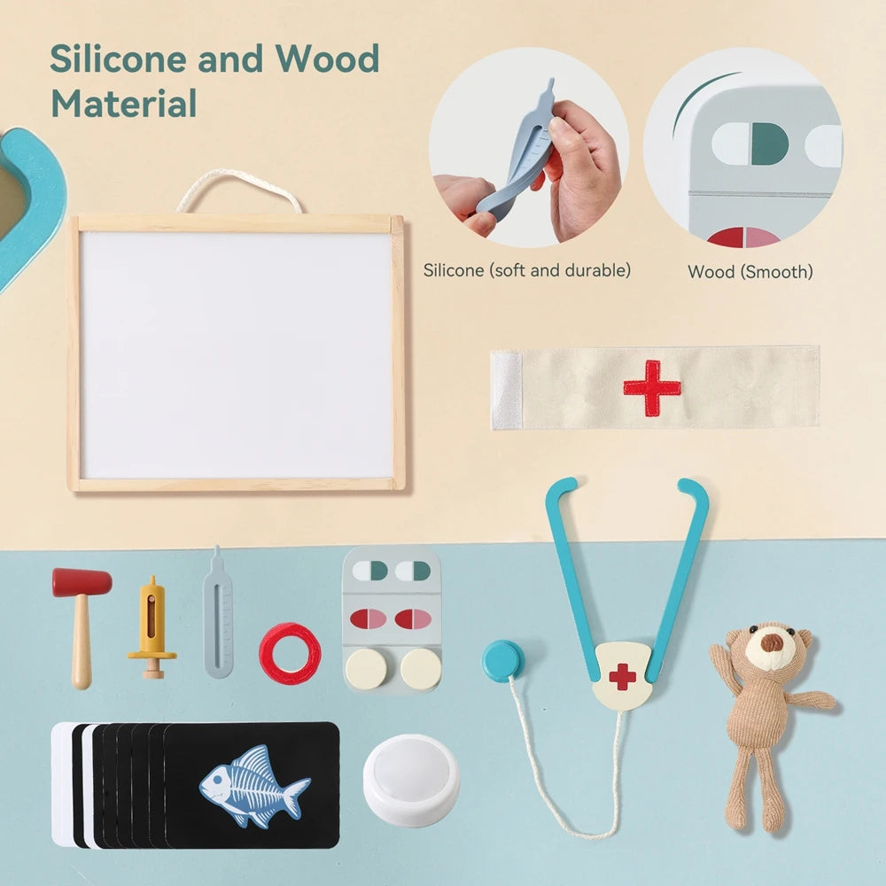 Wooden Doctor and Nurse Role Play Toy Set with Stethoscope