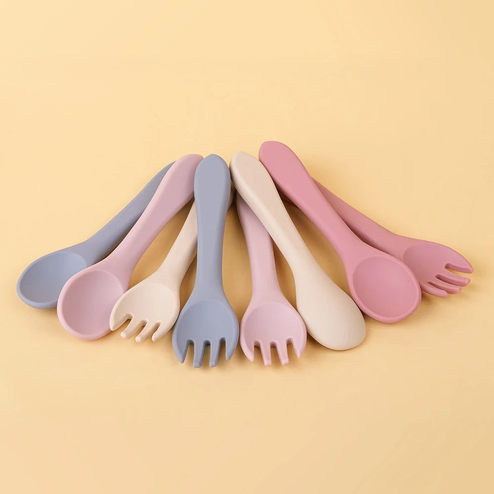 Baby Spoon Fork Set Silicone and Wooden Handle Utensils