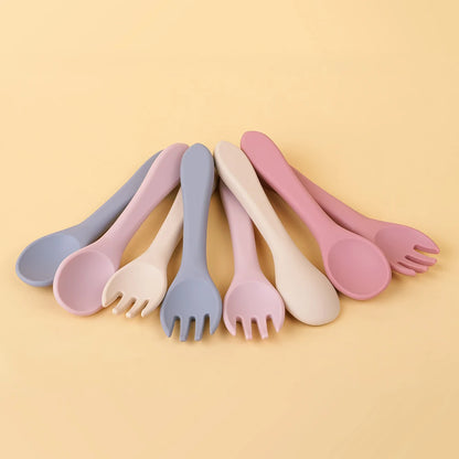 Baby Spoon Fork Set Silicone and Wooden Handle Utensils
