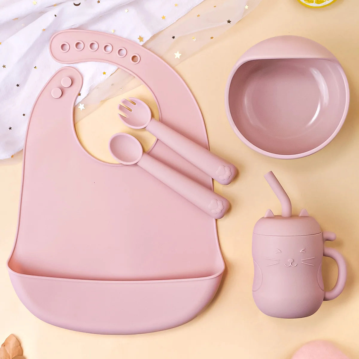 Baby Feeding Set Silicone Bowl Plate Bib Cup Utensils