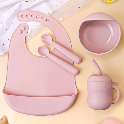 Baby Feeding Set Silicone Bowl Plate Bib Cup Utensils