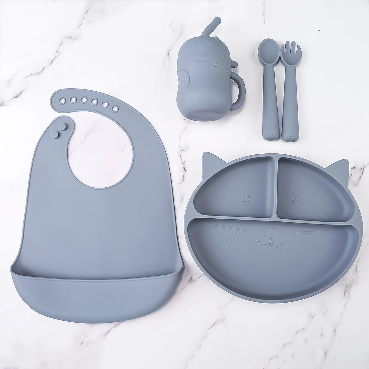 Toddler Feeding Set Silicone Cat Plate Spoon Fork Bib Cup