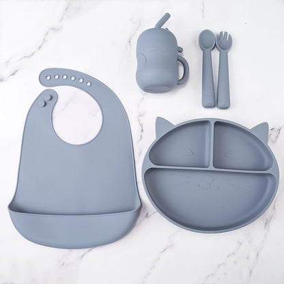 Toddler Feeding Set Silicone Cat Plate Spoon Fork Bib Cup